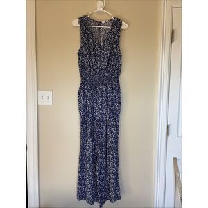 Gap Blue Sleeveless Floral Smocked Waist Wide Leg Vneck Jumpsuit Outfit Large